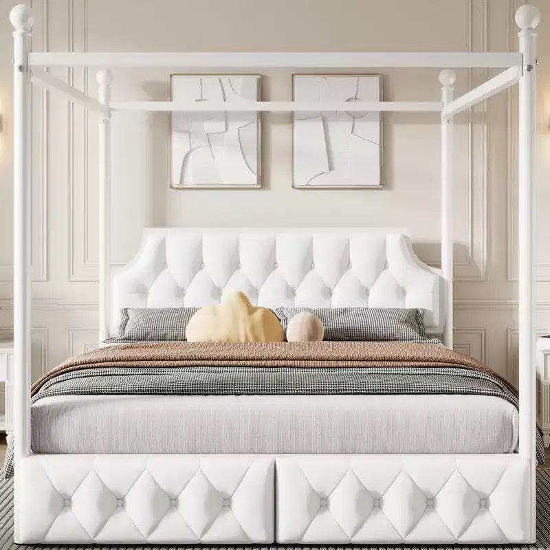 Bellemave Queen Size 4-Poster Metal Canopy Bed Frame with Velvet Headboard and 2 Storage Drawers, 4-Poster Upholstered Canopy Platform Bedframe, White