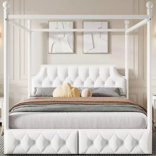 Bellemave Queen Size 4-Poster Metal Canopy Bed Frame with Velvet Headboard and 2 Storage Drawers, 4-Poster Upholstered Canopy Platform Bedframe, White