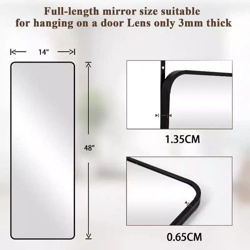 Miroir pleine longueur 14x48 noir, cadre en alliage d'aluminium avec crochets réglables pour dortoir