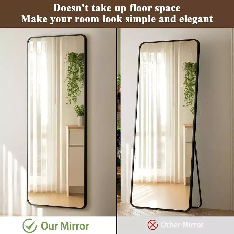 Miroir pleine longueur 14x48 noir, cadre en alliage d'aluminium avec crochets réglables pour dortoir