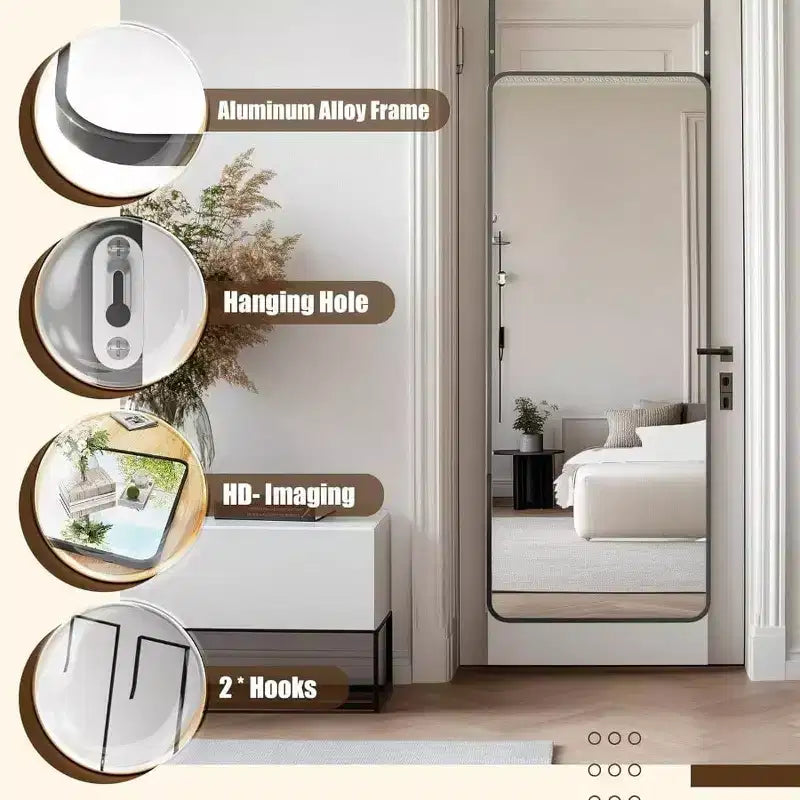 Miroir pleine longueur 14x48 noir, cadre en alliage d'aluminium avec crochets réglables pour dortoir