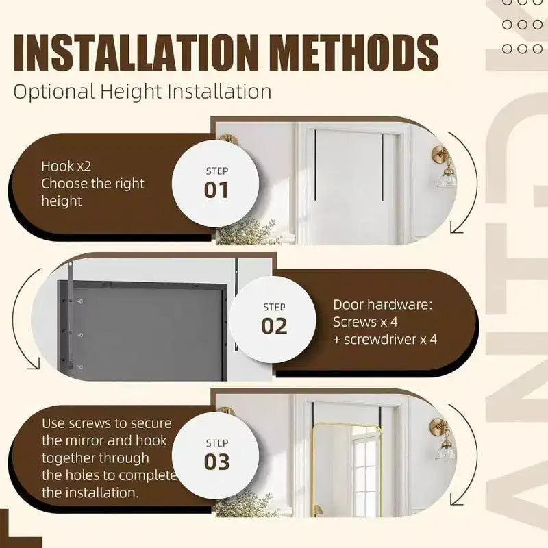 Miroir pleine longueur 14x48 noir, cadre en alliage d'aluminium avec crochets réglables pour dortoir