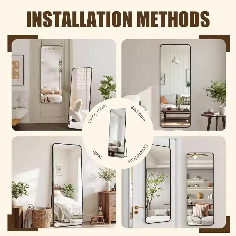 Miroir pleine longueur 14x48 noir, cadre en alliage d'aluminium avec crochets réglables pour dortoir
