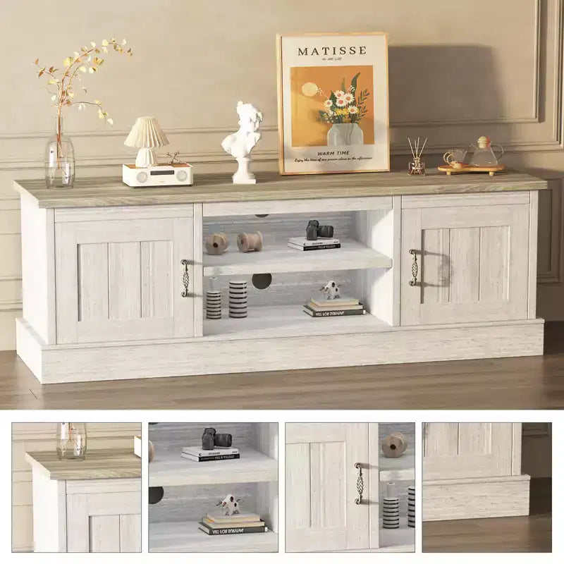 Meuble TV de ferme pour téléviseurs de 65 pouces Meuble de divertissement avec armoires de rangement Table de console multimédia moderne Design en bois rustique pour chambre bureau 61*17.7*21.7