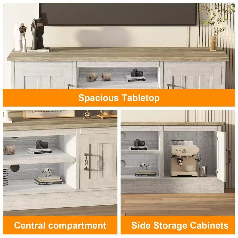 Meuble TV de ferme pour téléviseurs de 65 pouces Meuble de divertissement avec armoires de rangement Table de console multimédia moderne Design en bois rustique pour chambre bureau 61*17.7*21.7