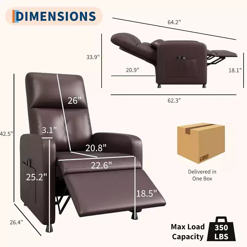 Fauteuil inclinable électrique avec massage, chaleur, poches de rangement et USB, fauteuil de cinéma maison en similicuir