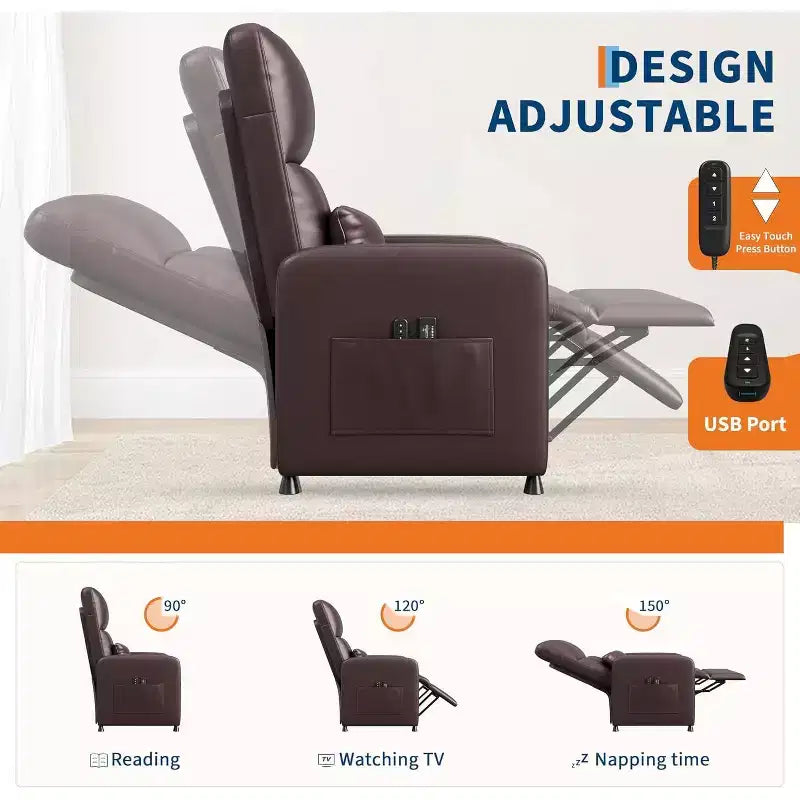 Fauteuil inclinable électrique avec massage, chaleur, poches de rangement et USB, fauteuil de cinéma maison en similicuir