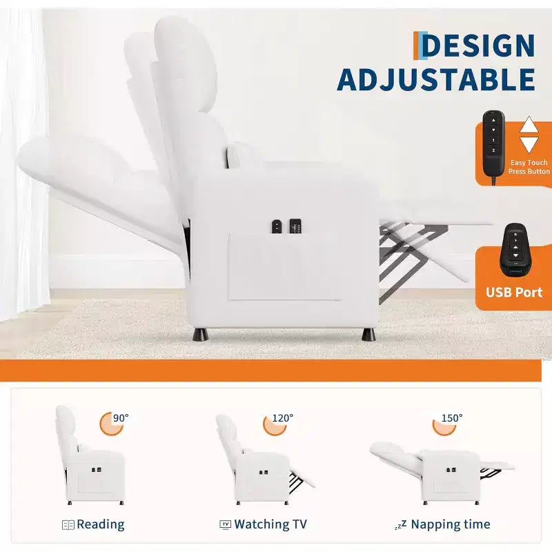 Fauteuil inclinable électrique avec massage, chaleur, poches de rangement et USB, fauteuil de cinéma maison en similicuir