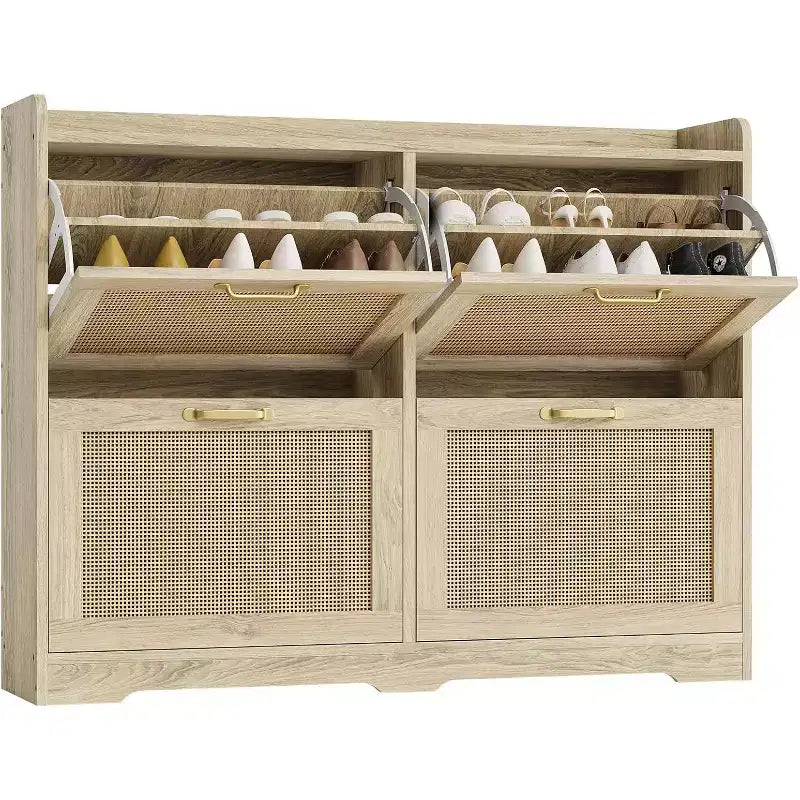 Acekool Natural Rattan 4 Drawer Shoe Cabinet with Lift-Up Drawers and Adjustable Shelves for Entryway Hallway