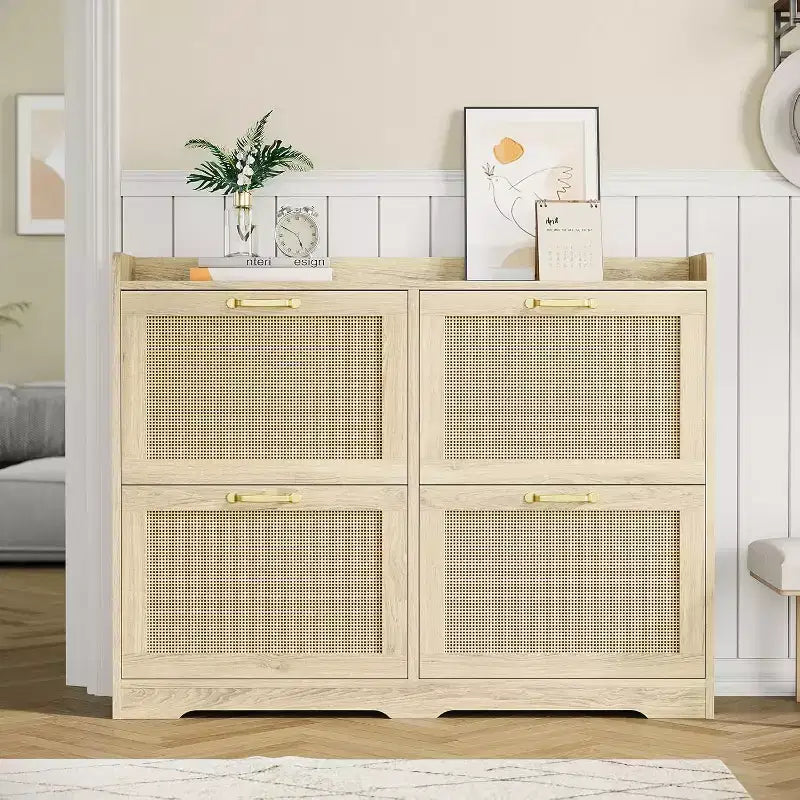 Meuble à chaussures 4 tiroirs en rotin naturel avec tiroirs relevables et étagères réglables pour entrée couloir