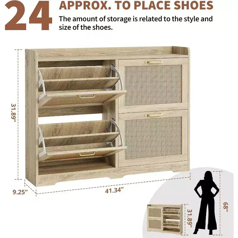 Meuble à chaussures 4 tiroirs en rotin naturel avec tiroirs relevables et étagères réglables pour entrée couloir