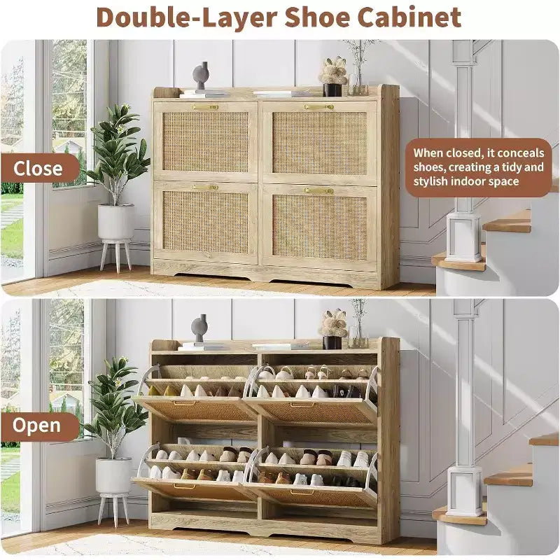 Meuble à chaussures 4 tiroirs en rotin naturel avec tiroirs relevables et étagères réglables pour entrée couloir