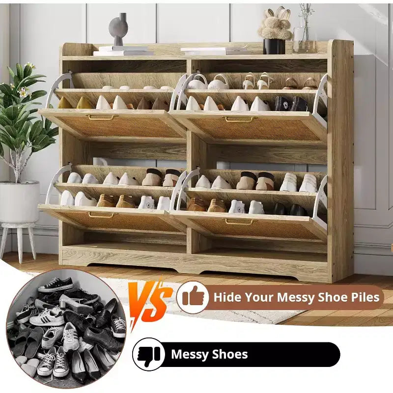 Meuble à chaussures 4 tiroirs en rotin naturel avec tiroirs relevables et étagères réglables pour entrée couloir