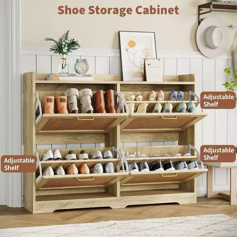Meuble à chaussures 4 tiroirs en rotin naturel avec tiroirs relevables et étagères réglables pour entrée couloir