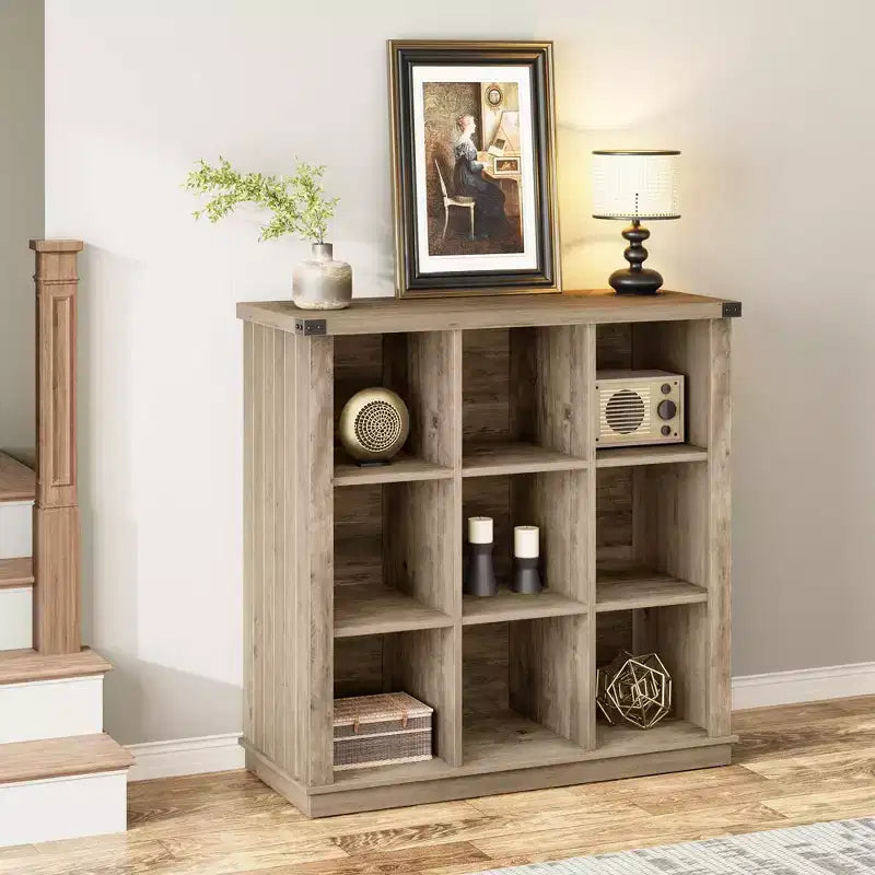 Étagère de rangement à 9 cubes, bibliothèque horizontale de ferme à 4 niveaux, bibliothèque de rangement en bois de 95 cm pour l'entrée, étagères basses et longues