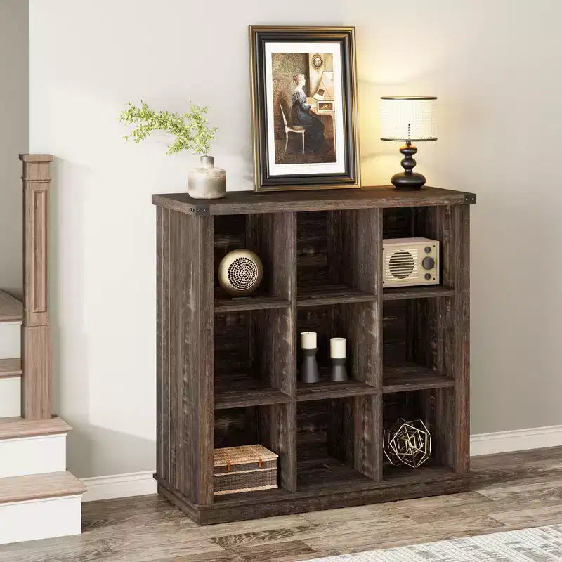 Étagère de rangement à 9 cubes, bibliothèque horizontale de ferme à 4 niveaux, bibliothèque de rangement en bois de 95 cm pour l'entrée, étagères basses et longues