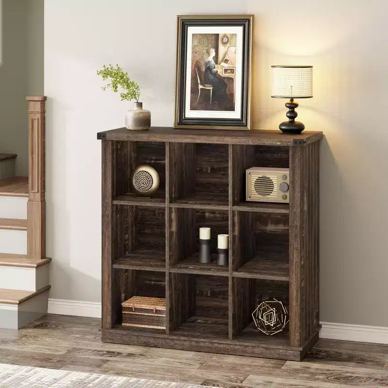 9 Cube Storage Organizer Bookshelf, 4 Tier Farmhouse Horizontal Bookcase, 37.4 Inch Wood Storage Bookcase for Entryway, Long Low Bookshelves