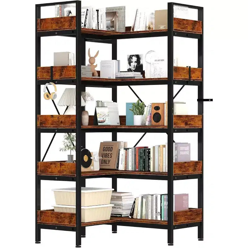 Acekool L Shaped 5 Tier Bookcase, Industrial Corner Bookshelf, Metal Frame, Adjustable Feet, for Living Room, Rustic Brown