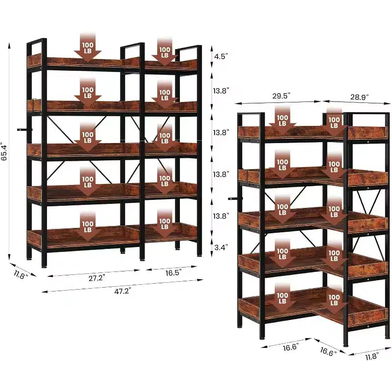 Étagère d'angle 5 niveaux en L, bibliothèque industrielle, cadre métallique, pieds réglables, pour salon, marron rustique