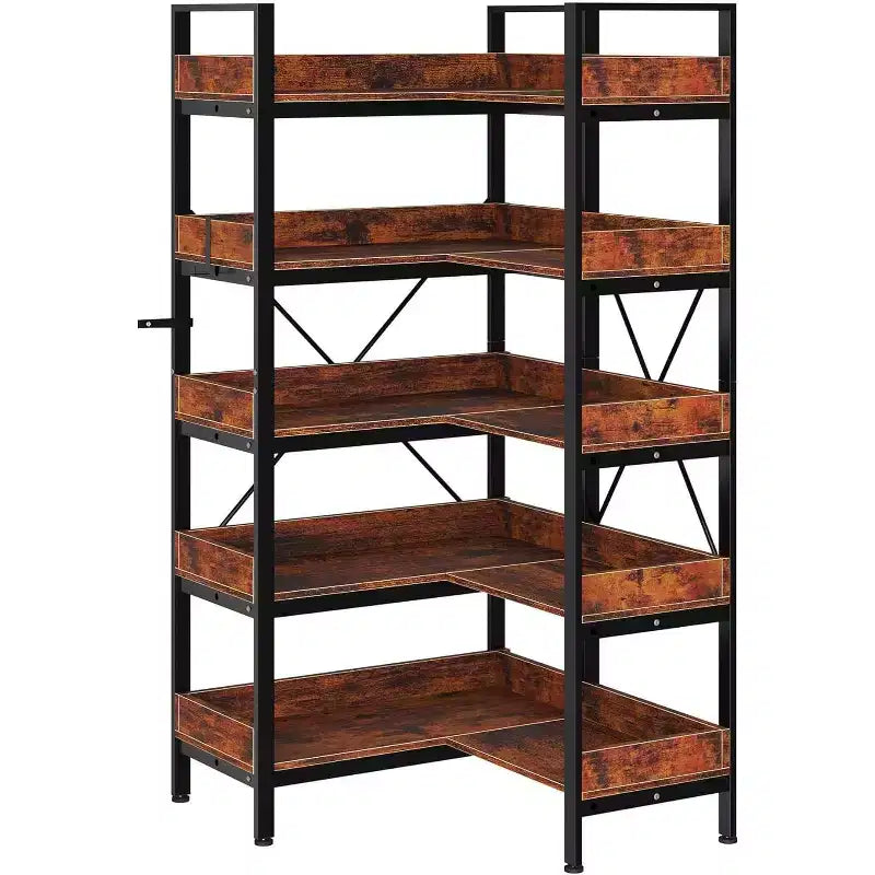 Étagère d'angle 5 niveaux en L, bibliothèque industrielle, cadre métallique, pieds réglables, pour salon, marron rustique