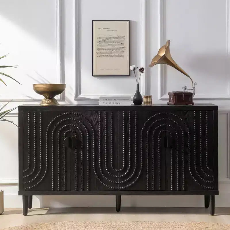 GDFStudio Modern 59'' Nailhead Accents Sideboard Cabinet with 4 Doors and 2 Adjustable Shelves