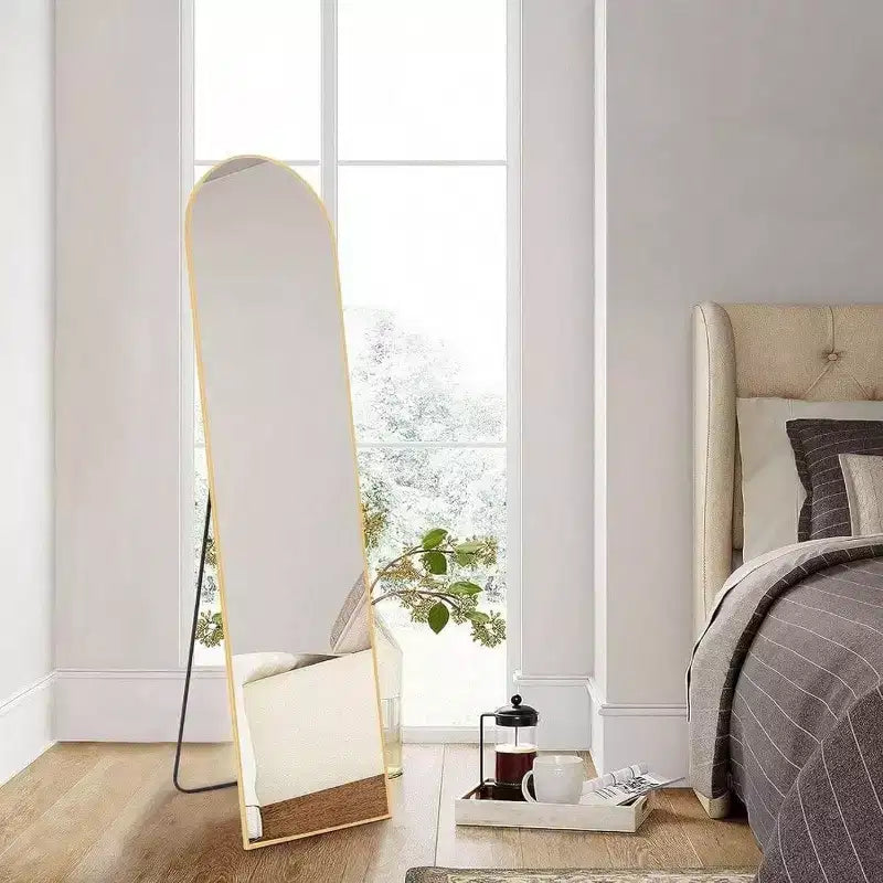 Miroir arqué doré 59,1x15,8 - Verre nano incassable et cadre en aluminium avec support. Pour une utilisation au sol, murale ou en appui.