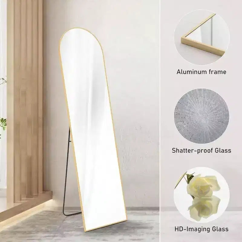 Miroir arqué doré 59,1x15,8 - Verre nano incassable et cadre en aluminium avec support. Pour une utilisation au sol, murale ou en appui.