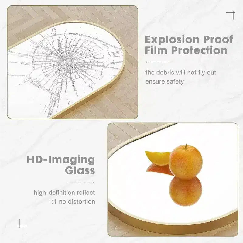 Miroir arqué doré 59,1x15,8 - Verre nano incassable et cadre en aluminium avec support. Pour une utilisation au sol, murale ou en appui.
