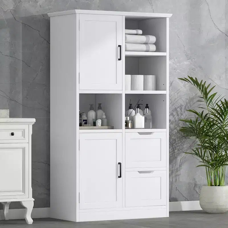 62in Freestanding Bathroom Storage Cabinet with Doors and Drawers, Multiple Storage Space, Open Shelve & Adjustable Shelf, White
