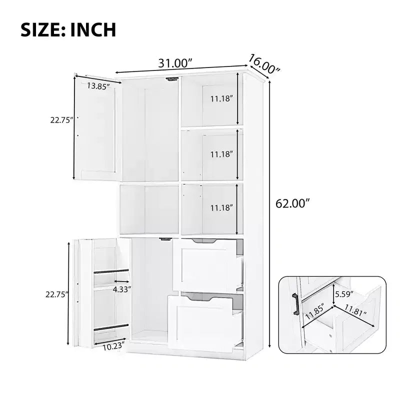 Meuble de Rangement Salle de Bain Autoportant 157 cm avec Portes et Tiroirs, Multiples Espaces de Rangement, Étagère Ouverte et Étagère Réglable, Blanc
