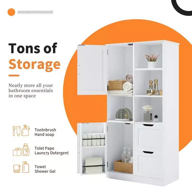 Meuble de Rangement Salle de Bain Autoportant 157 cm avec Portes et Tiroirs, Multiples Espaces de Rangement, Étagère Ouverte et Étagère Réglable, Blanc