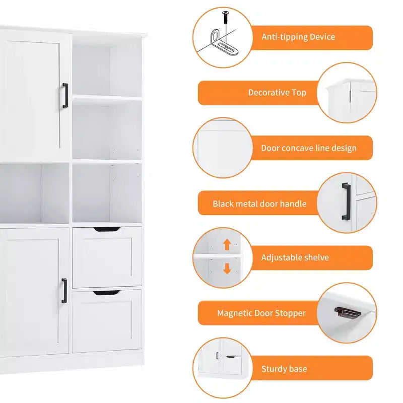 Meuble de Rangement Salle de Bain Autoportant 157 cm avec Portes et Tiroirs, Multiples Espaces de Rangement, Étagère Ouverte et Étagère Réglable, Blanc