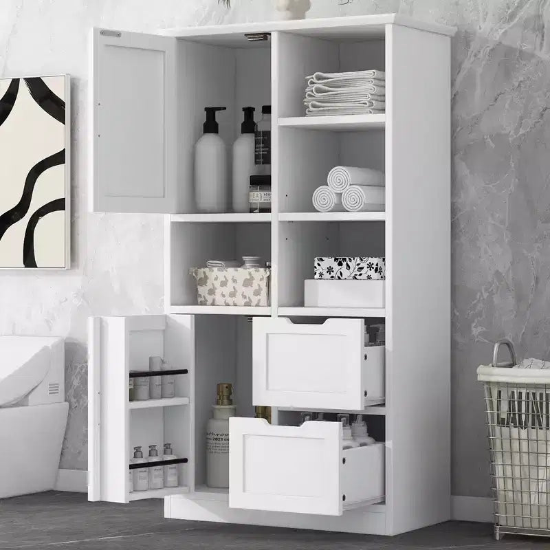 Meuble de Rangement Salle de Bain Autoportant 157 cm avec Portes et Tiroirs, Multiples Espaces de Rangement, Étagère Ouverte et Étagère Réglable, Blanc