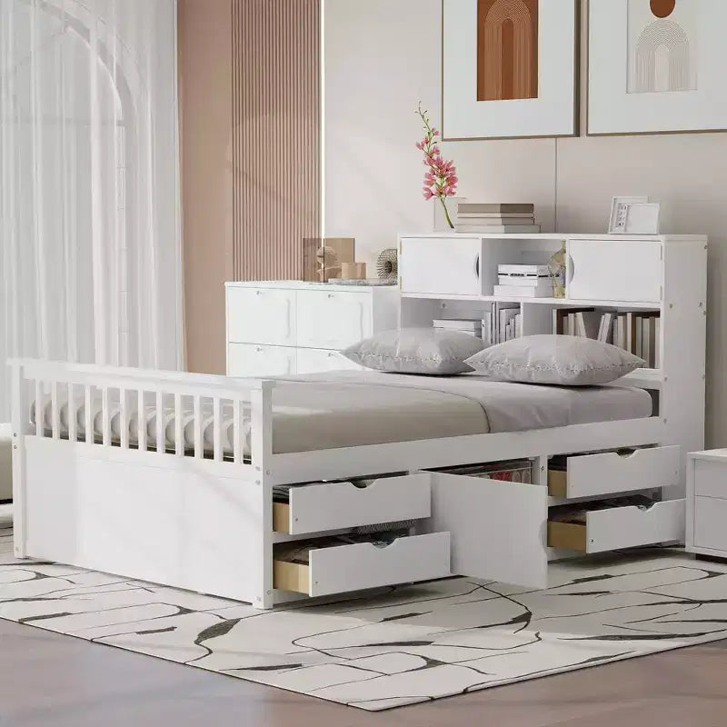 Full Size Captain Platform Bed Frame with Storage Bookcases and Shelves,Four Drawers,White Full Size Captain Platform Bed Frame White