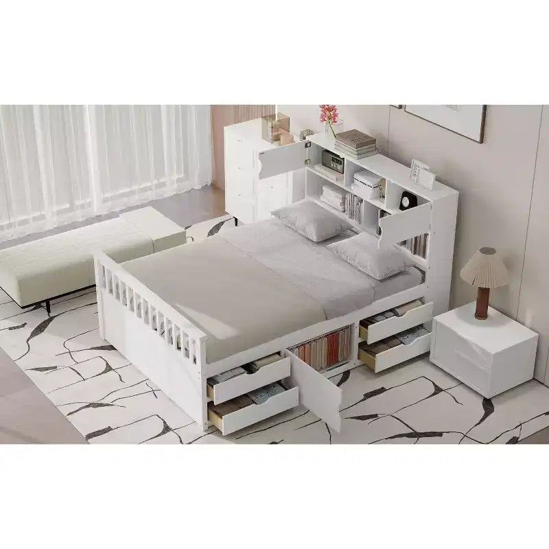 Cadre de lit plateforme capitaine pleine grandeur avec bibliothèques et étagères de rangement, quatre tiroirs, blanc