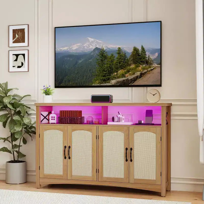 Farmhouse TV Stand for 60 Inch TV,Entertainment Center with LED Lights & Power Outlets,Media TV Console Table for Living Room