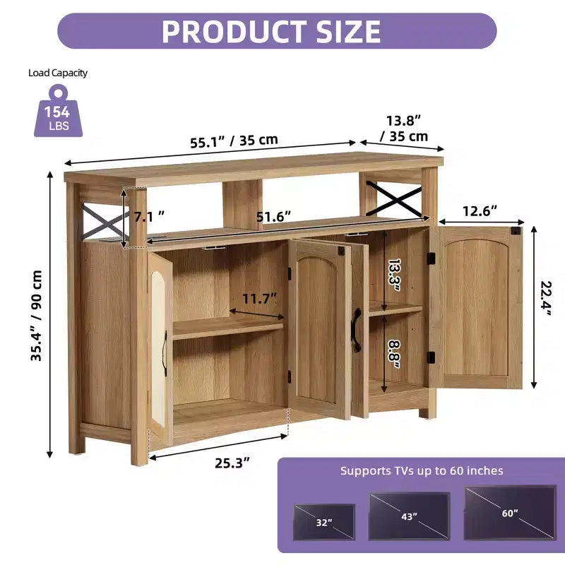 Meuble TV de style ferme pour téléviseur de 60 pouces, centre de divertissement avec lumières LED et prises de courant, console TV multimédia pour salon