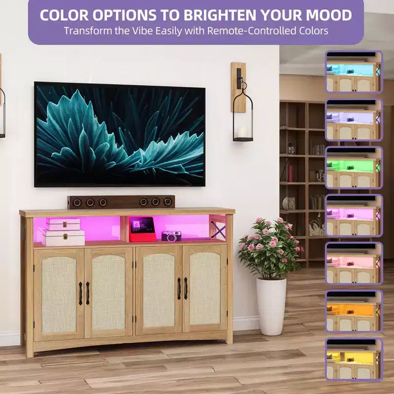 Meuble TV de style ferme pour téléviseur de 60 pouces, centre de divertissement avec lumières LED et prises de courant, console TV multimédia pour salon