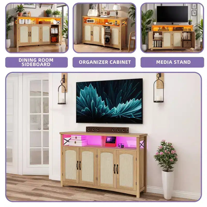 Meuble TV de style ferme pour téléviseur de 60 pouces, centre de divertissement avec lumières LED et prises de courant, console TV multimédia pour salon