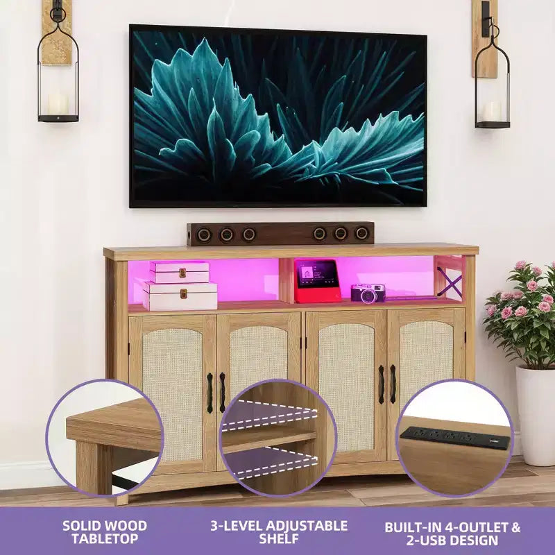 Meuble TV de style ferme pour téléviseur de 60 pouces, centre de divertissement avec lumières LED et prises de courant, console TV multimédia pour salon