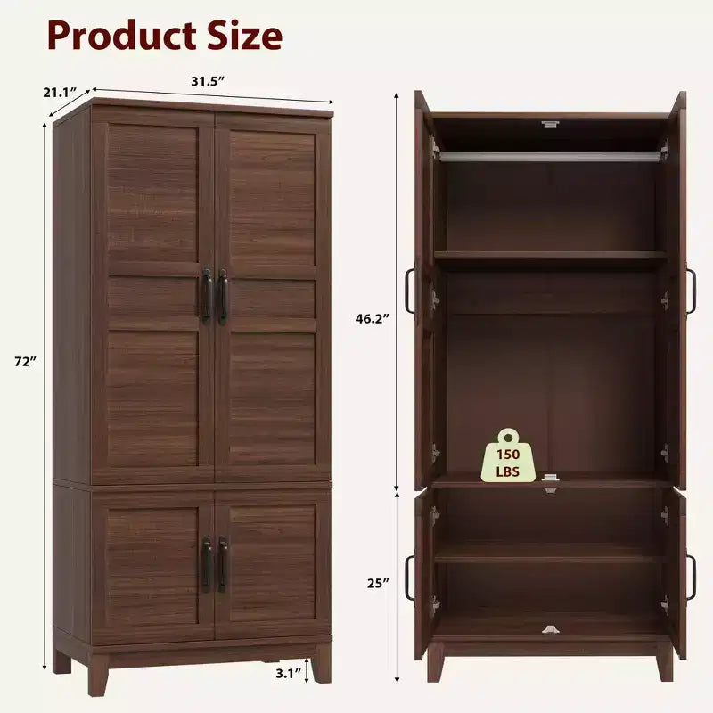 Armoire de rangement avec 4 portes, 183 cm, en bois, avec tringle, meuble de rangement autonome pour vêtements