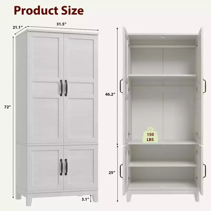 Armoire de rangement avec 4 portes, 183 cm, en bois, avec tringle, meuble de rangement autonome pour vêtements