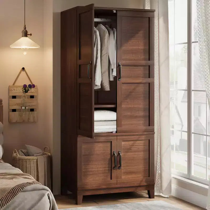 Armoire de rangement avec 4 portes, 183 cm, en bois, avec tringle, meuble de rangement autonome pour vêtements
