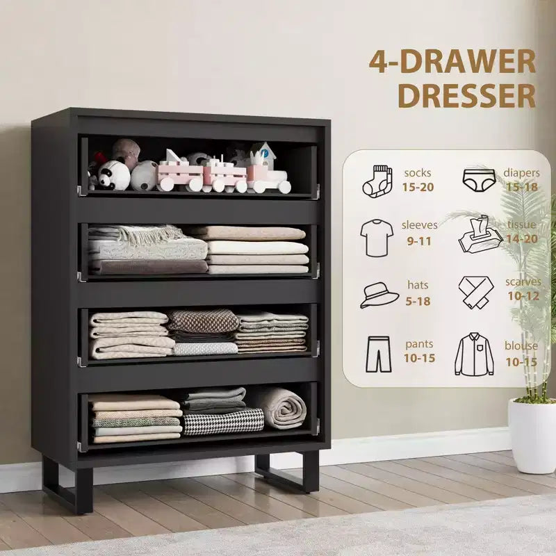 Commode de Chambre à 4 Tiroirs, Commode Haute de 105 cm, Armoire à Tiroirs Verticale Autoportante avec Rangement, Coffre de Rangement en Bois