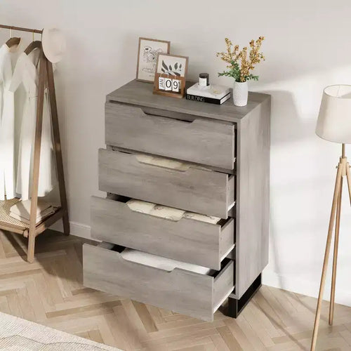 Commode de Chambre à 4 Tiroirs, Commode Haute de 105 cm, Armoire à Tiroirs Verticale Autoportante avec Rangement, Coffre de Rangement en Bois