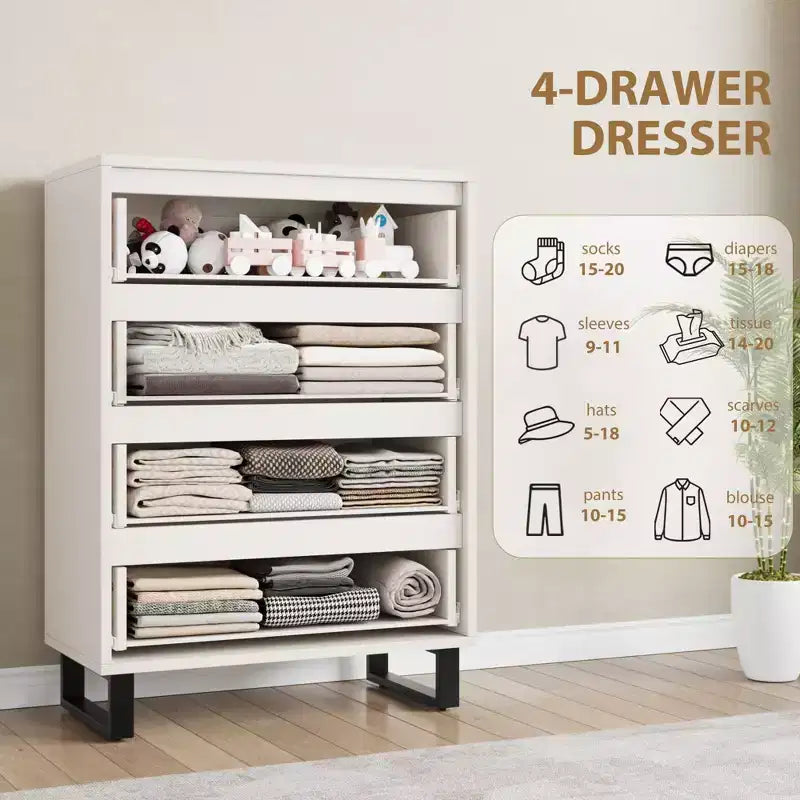 Commode de Chambre à 4 Tiroirs, Commode Haute de 105 cm, Armoire à Tiroirs Verticale Autoportante avec Rangement, Coffre de Rangement en Bois
