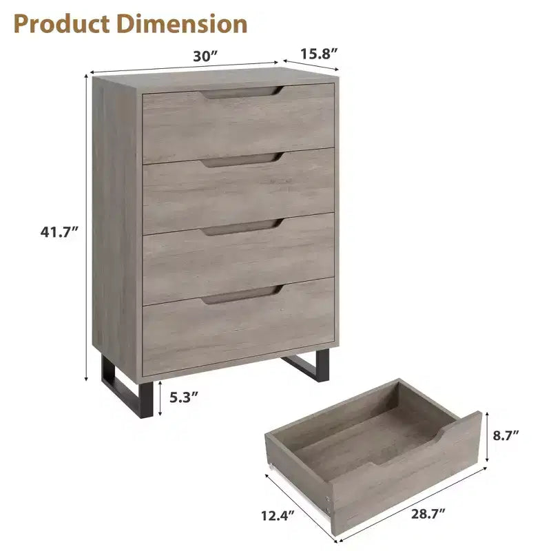 Commode de Chambre à 4 Tiroirs, Commode Haute de 105 cm, Armoire à Tiroirs Verticale Autoportante avec Rangement, Coffre de Rangement en Bois