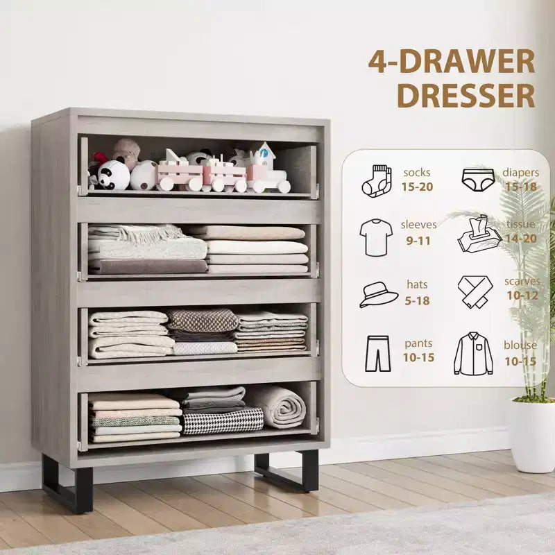 Commode de Chambre à 4 Tiroirs, Commode Haute de 105 cm, Armoire à Tiroirs Verticale Autoportante avec Rangement, Coffre de Rangement en Bois