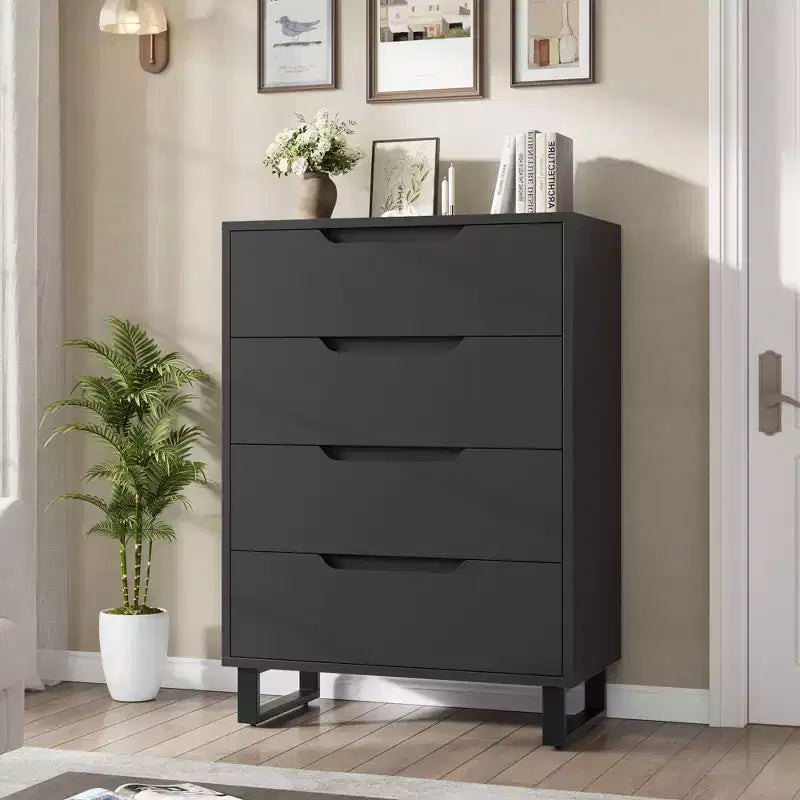 Commode de Chambre à 4 Tiroirs, Commode Haute de 105 cm, Armoire à Tiroirs Verticale Autoportante avec Rangement, Coffre de Rangement en Bois
