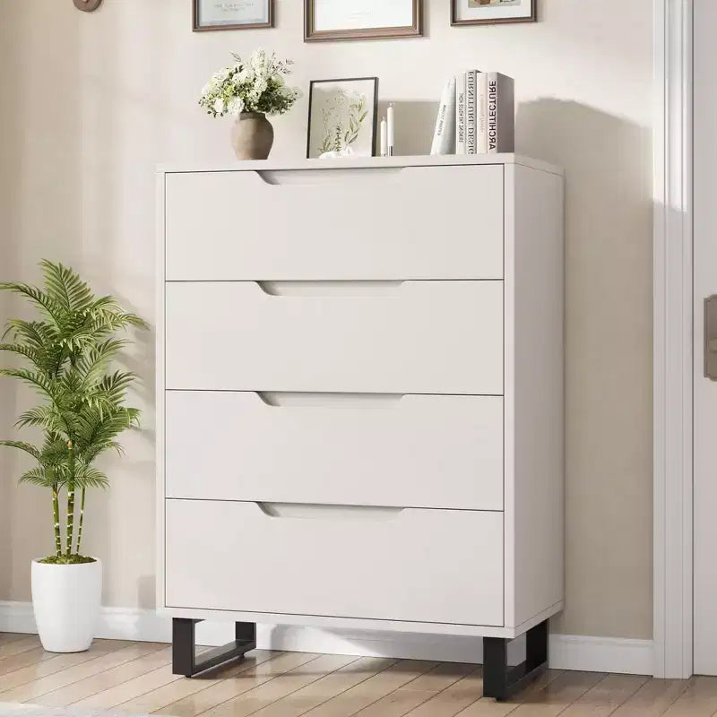 Commode de Chambre à 4 Tiroirs, Commode Haute de 105 cm, Armoire à Tiroirs Verticale Autoportante avec Rangement, Coffre de Rangement en Bois